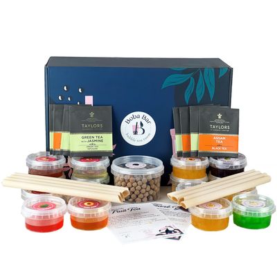 BOBA BAR Tropical Treasures Fruit Bubble Tea Kit (Serves 8 x 500 Ml Drinks) - Fruit Tea Flavours, Popping Boba & Jelly Toppings | Vegan & Gluten-Free | Tapioca Pearls & Tea Bags