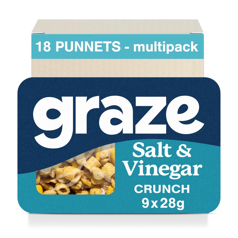 Graze - Salt & Vinegar Snacks - Healthy Alternative for Crisps, Mixed Nuts & Pretzels - Ideal if you Love Corn, Broad beans and Corn hoops mixed Savoury Vegan Snacks (18x28g pack)