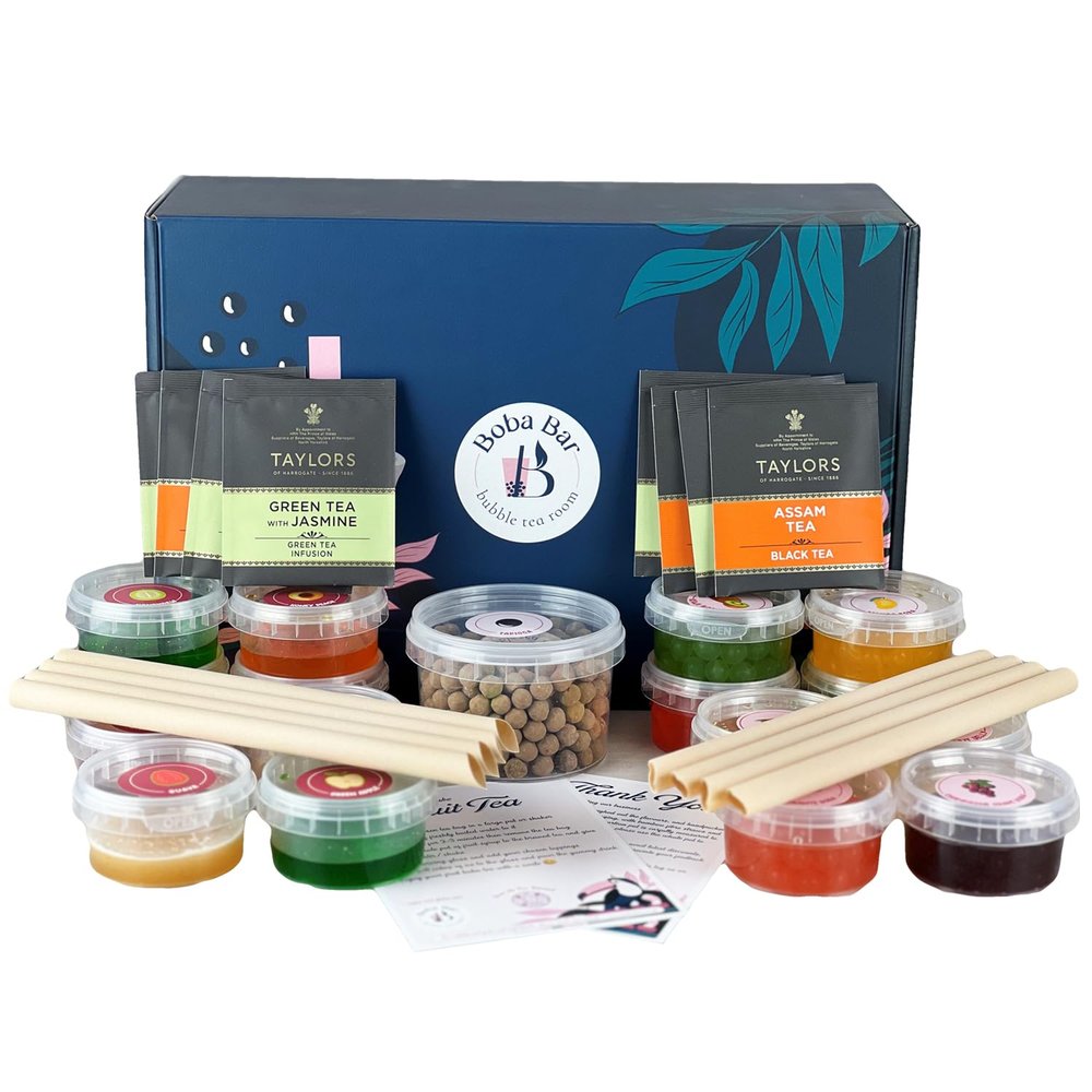 BOBA BAR Fruit Fantasy Fruit Bubble Tea Kit (Serves 8 x 500 Ml Drinks) Flavours, Popping Boba & Jelly Toppings | Vegan & Gluten-Free | Tapioca Pearls & Green Tea Bags.