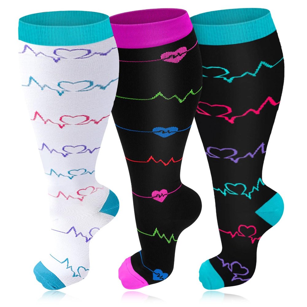 3 Pairs Plus Size Compression Socks for Women & Men, 20-30 mmHg Wide Calf Extra Large Knee High Flight Socks Compression Stockings for Circulation Support