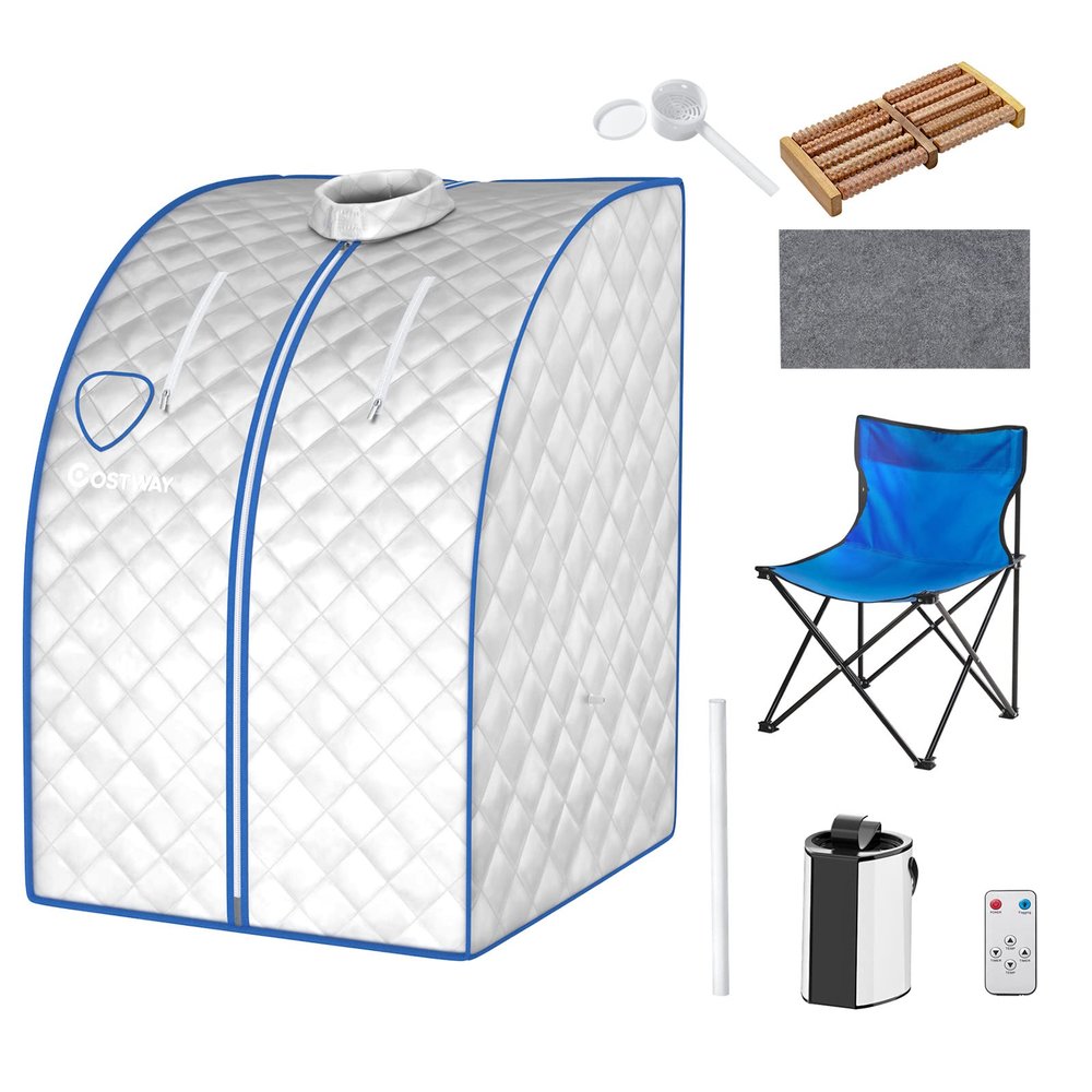 COSTWAY Home Steam Sauna, 9 Levels Temperature Adjustable Personal Spa Box with Folding Chair, 3L 1000W Bathroom Remote Control Sauna Tent for Therapy, Detoxify, Sweating and Slimming (Silver)