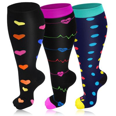 3 Pairs Plus Size Compression Socks for Women & Men, 20-30 mmHg Wide Calf Extra Large Knee High Flight Socks Compression Stockings for Circulation Support