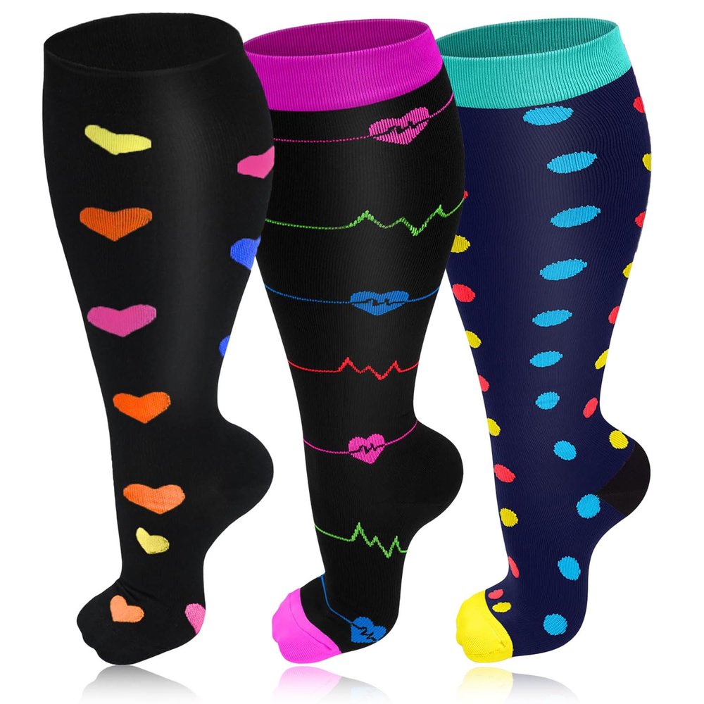 3 Pairs Plus Size Compression Socks for Women & Men, 20-30 mmHg Wide Calf Extra Large Knee High Flight Socks Compression Stockings for Circulation Support