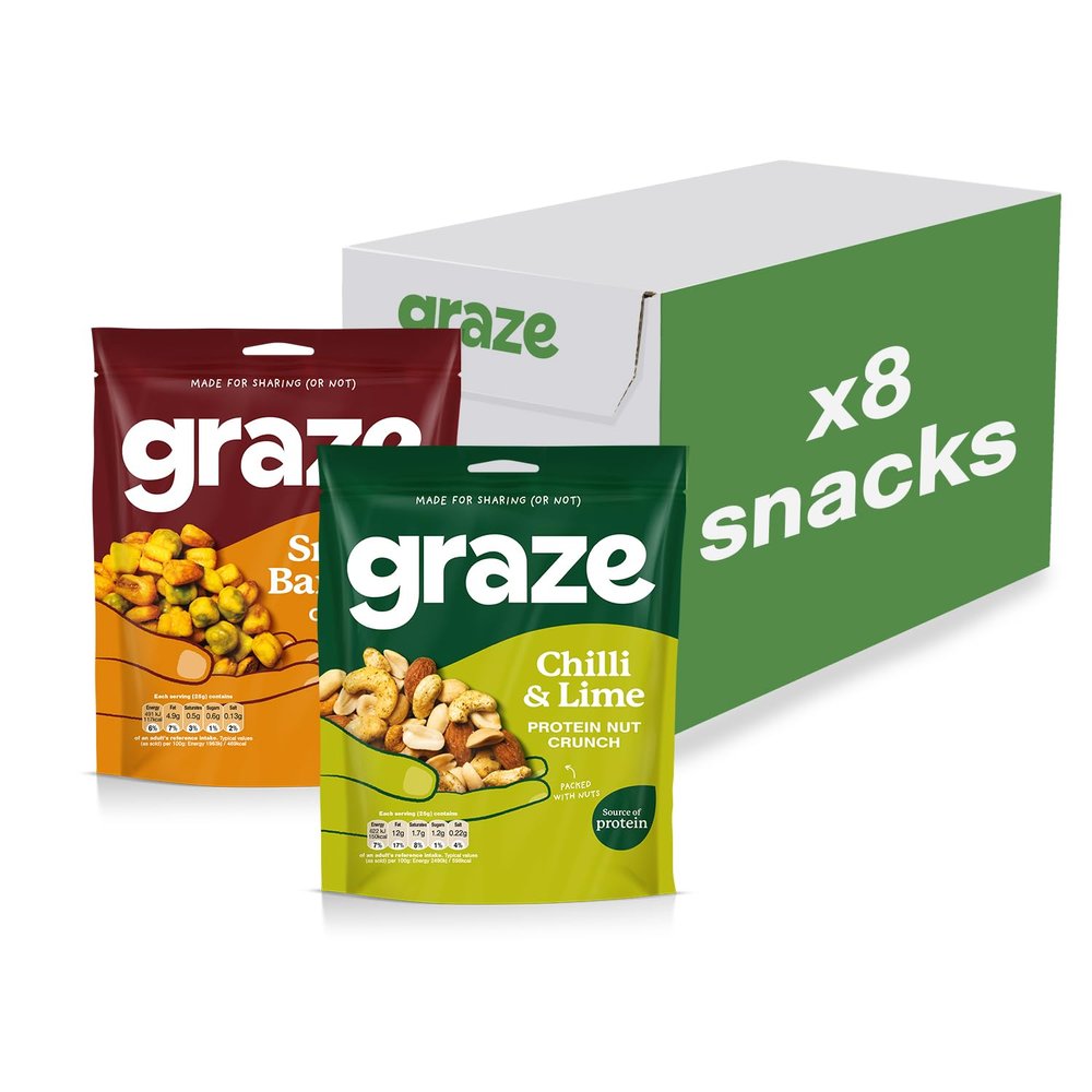 Graze - Smoky BBQ and Chilli & Lime bundle snacks - Vegan Savoury Snacks, High in Protein & Fibre - Pack of 8 snacks