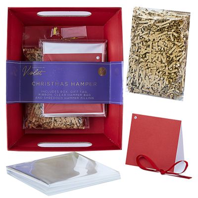 Design By Violet Red Christmas Hamper Basket Set  Create Your Own Hamper Kit with Box, Gift Tag, Ribbon, Bag & Shredded Fill  Build Your Own Gift Basket for Xmas, Easter, Birthdays & More