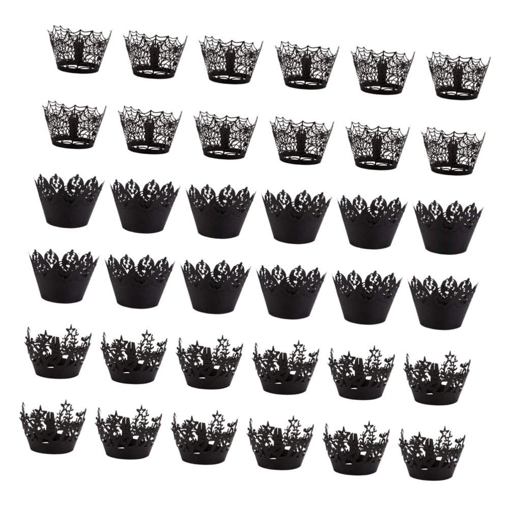 BESTonZON Halloween Decorations 36pcs Hollow-Out Muffin Wrapping Paper Random Style Black Cupcake Wrapper for Party Supplies Wedding Decorations