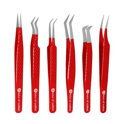 Abdul of Sialkot Abdul of Silakor Eyelash Extension Tweezers Set 6 Piece for Volume Lash Extensions Stainless Steel Eyelash Tweezers for Lash Extensions Isolation & Classic Lashes Tweezers Set (Red)