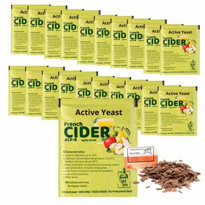 20 x French Cider Yeast 8g/25L + French Oak Chips 20g - Yeast for Cider Fermentation, Yeast for Apple and Peary, Wine Yeast