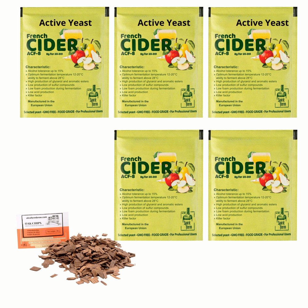 5 x French Cider Yeast 8g/25L + French Oak Chips 20g - Yeast for Cider Fermentation, Yeast for Apple and Peary, Wine Yeast
