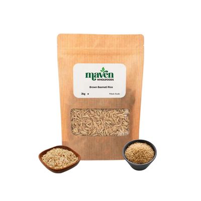 Maven Wholefoods Brown Basmati Rice 3kg | GMO Free | Vegan | Natural | Source of Protien | Suitable for Vegetarian | Easy to Cook | Packed Fresh in Resealable Bags (3kg)