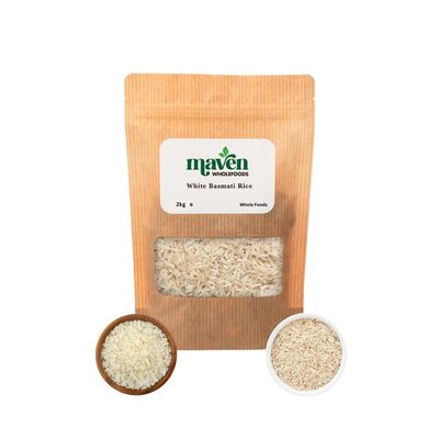 Maven Wholefoods White Basmati Rice 2kg | GMO Free | Vegan | Natural | Source of Protien | Suitable for Vegetarian | Easy to Cook | Packed Fresh in Resealable Bags