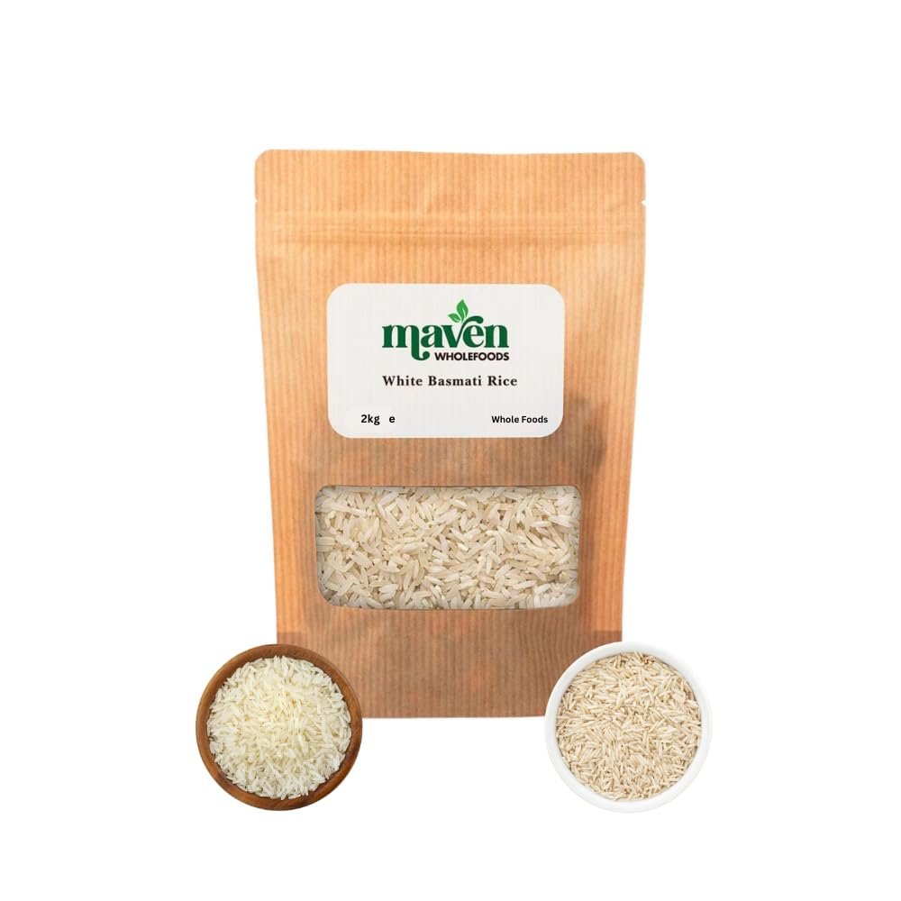Maven Wholefoods White Basmati Rice 2kg | GMO Free | Vegan | Natural | Source of Protien | Suitable for Vegetarian | Easy to Cook | Packed Fresh in Resealable Bags