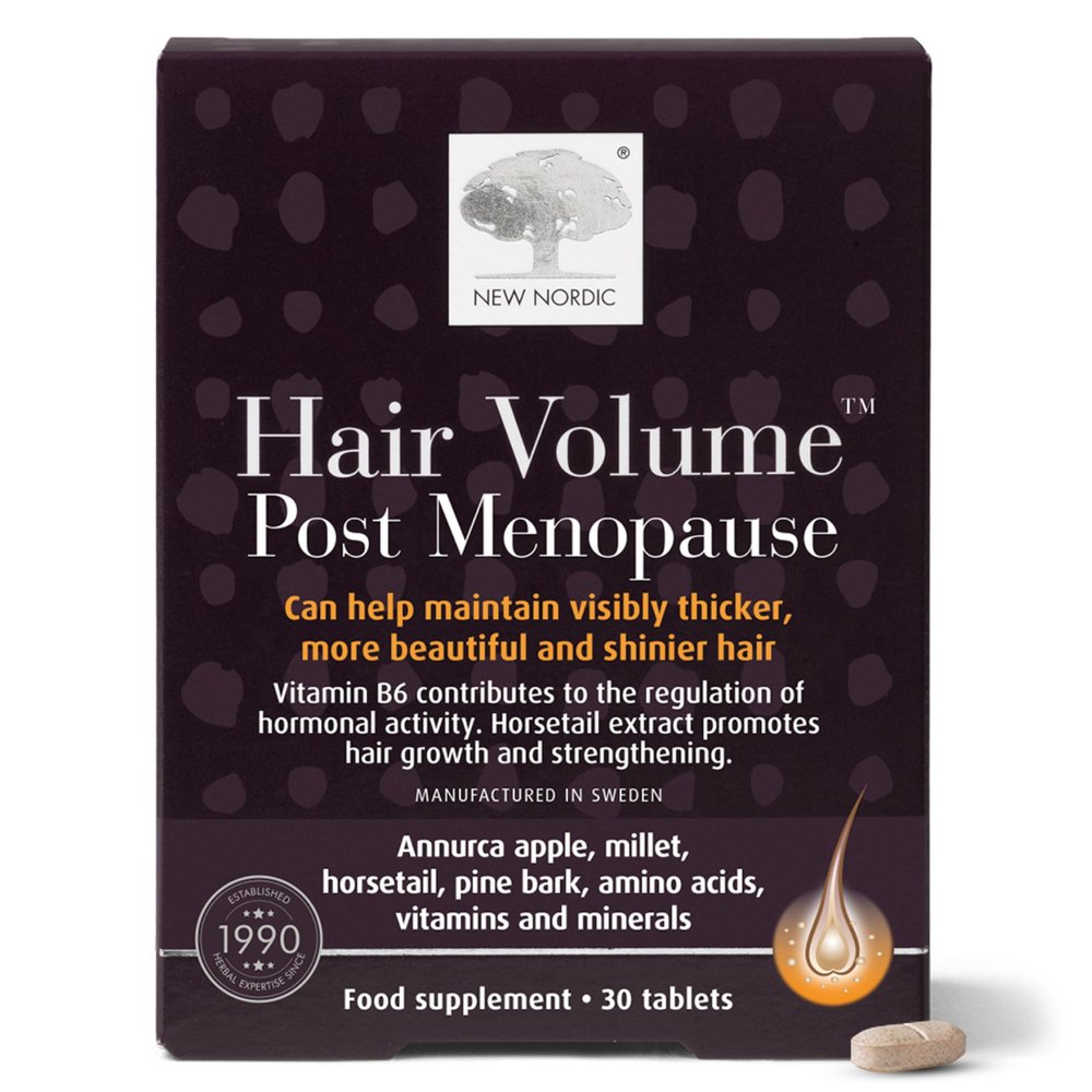New Nordic Hair Volume Menopause, Supports Healthy Hair Growth, Extra Strength 3000mcg Biotin, Vitamins B6 & B12, Nourishes Mature Hair, 30 Tablets