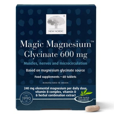 New Nordic Magnesium Glycinate, 600 mg Extra Strength, Sleep & Muscle Support for Women & Men, Pine Bark & Long Pepper Extract, 60 Tablets (Pack of 1)