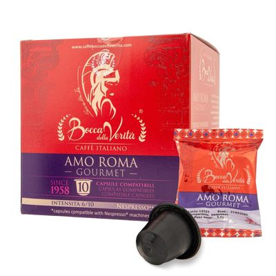 BOCCA DELLA VERITA - Box of 10 AMO ROMA Gourmet Italian coffee capsules, Capsules compatible with the Nespresso coffee machine, 100% Made in Italy