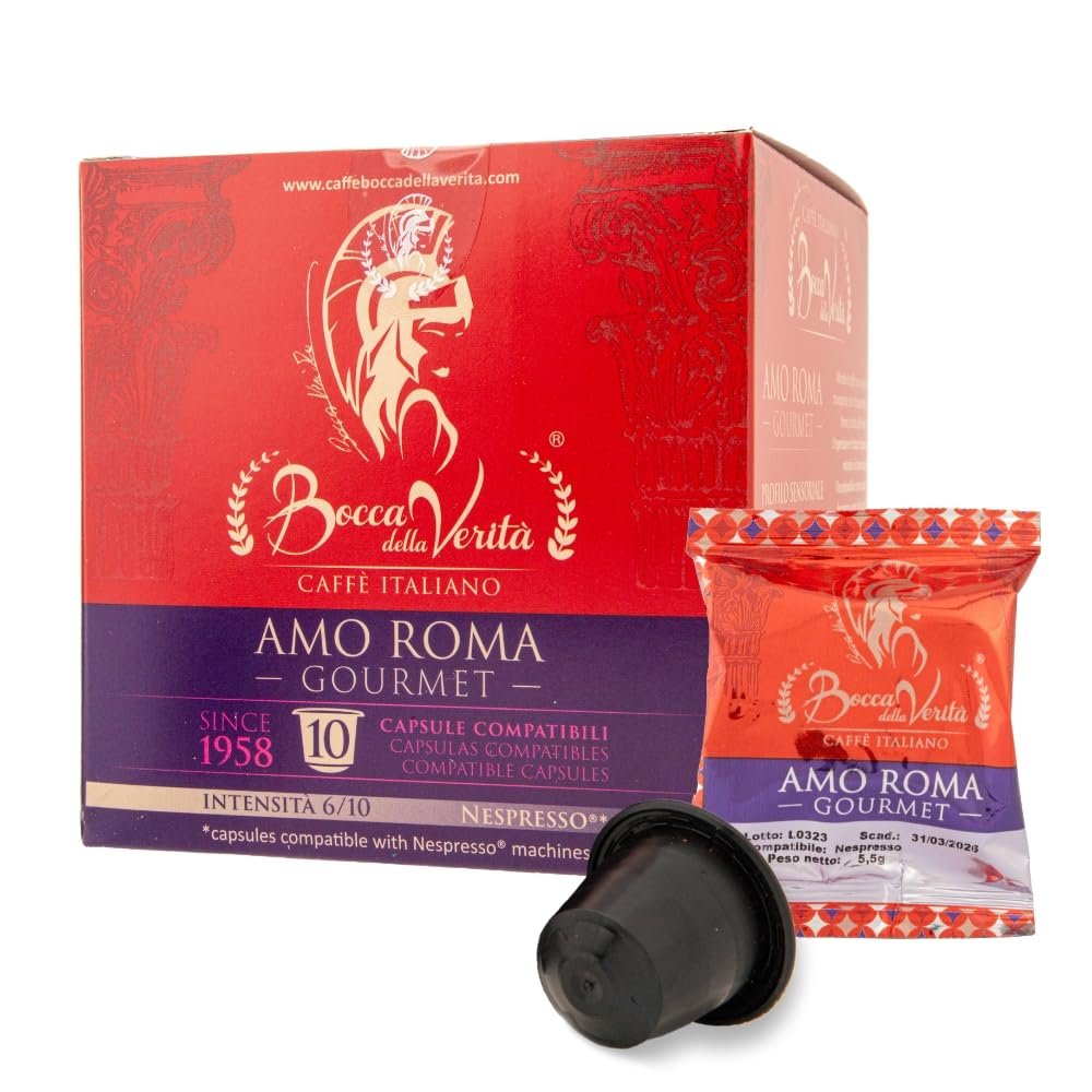 BOCCA DELLA VERITA - Box of 10 AMO ROMA Gourmet Italian coffee capsules, Capsules compatible with the Nespresso coffee machine, 100% Made in Italy