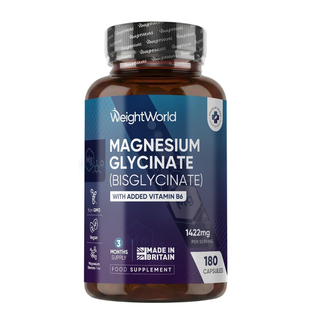 WeightWorld Magnesium Glycinate 1422mg | with Added Vitamin B6 | 180 Vegan Capsules | 3 Months Supply | Non-GMO & GMP- Approved Magnesium Supplements for Men & Women | Made in The UK