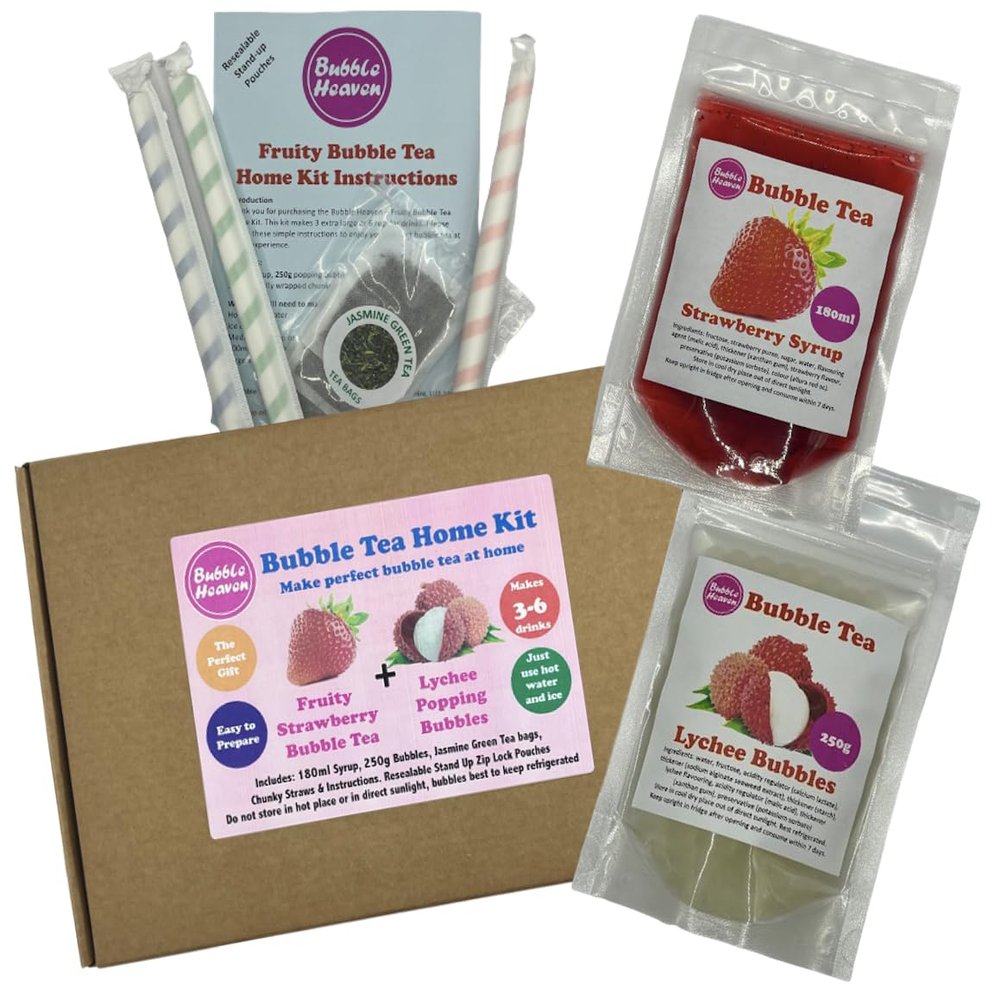Fruity Strawberry with Lychee Popping Bobas Bubble Tea Kit 3 to 6 Drinks