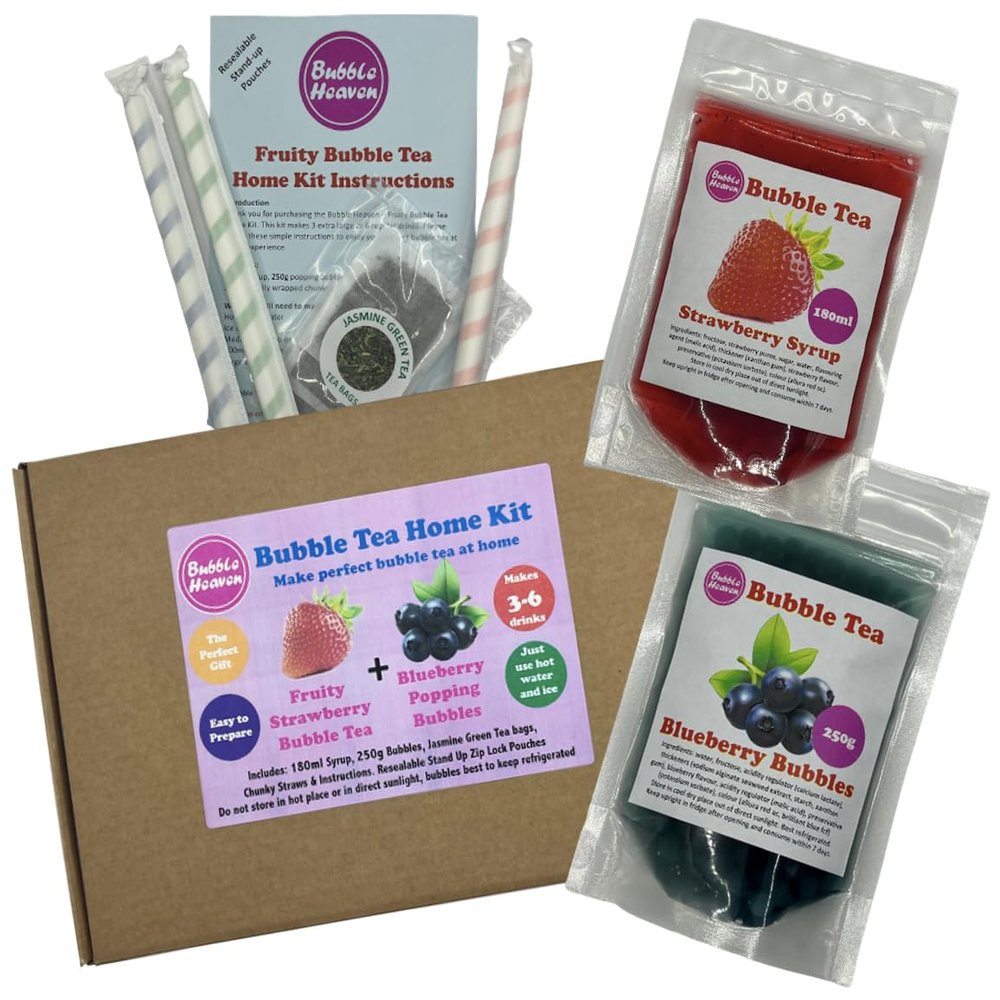 Fruity Strawberry with Blueberry Popping Bobas Bubble Tea Kit 3 to 6 Drinks