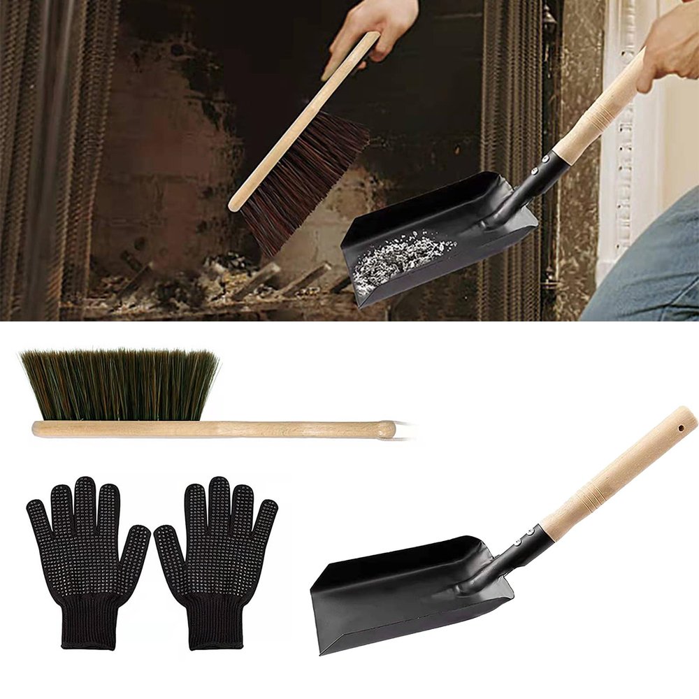 3Pcs Fireplace Tools, Fireplace Dustpan & Brush & Silicone Gloves Set, Metal Cleaning Shovel Dust Pan Broom Long Handle, Fireside Companion Set for Indoor/Outdoor