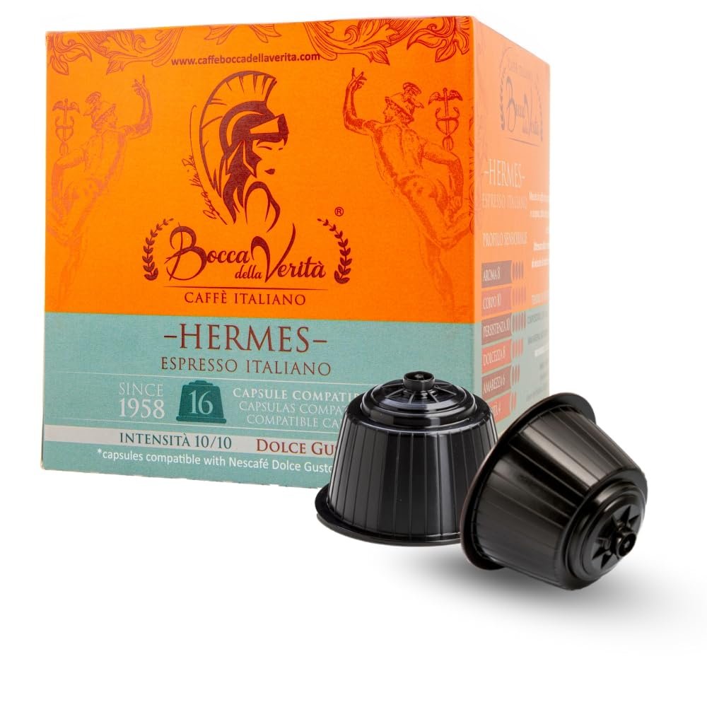 BOCCA DELLA VERITA - Pack of 16 Italian Coffee Capsules HERMES Espresso Italian Flavor, Capsules Compatible with Nescaf Dolce Gusto Coffee Maker, 100% Made in Italy
