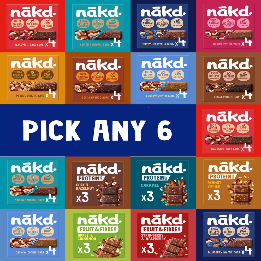 Nakd Bars Multipack Pick Any 6 (35-45g) - Including Protein Bars. Vegan, Gluten Free Snacks, 1 of 5 A day. Wheat Free, No Added Sugar