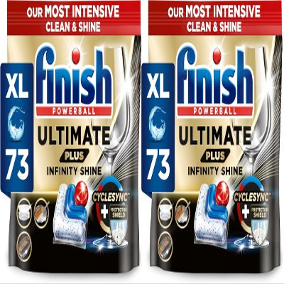 Finish Dishwasher Tablet, Ultimate Plus Infinity Shine, 146 Tabs (73 x 2pck), Fresh Scent, Tough on Grease, Our Most Intensive Clean & Shine, Effective for Short Eco Cycle