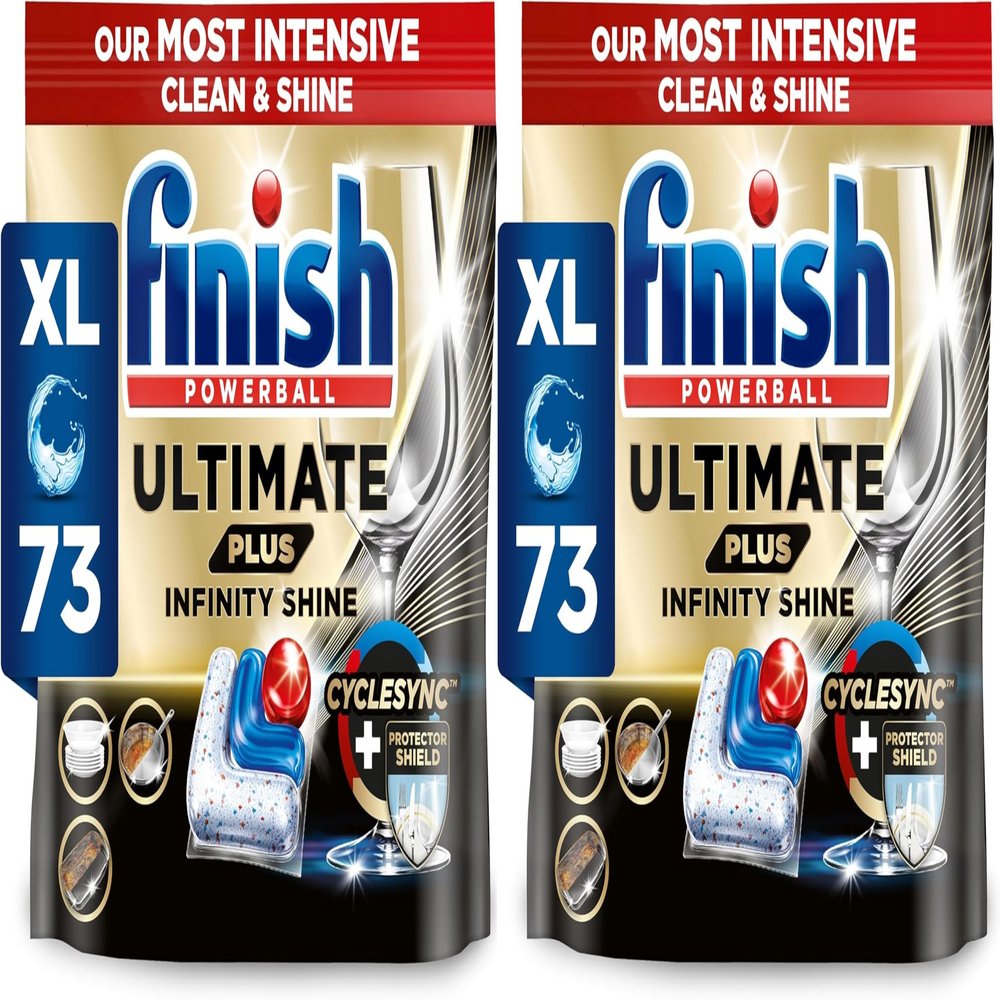 Finish Dishwasher Tablet, Ultimate Plus Infinity Shine, 146 Tabs (73 x 2pck), Fresh Scent, Tough on Grease, Our Most Intensive Clean & Shine, Effective for Short Eco Cycle