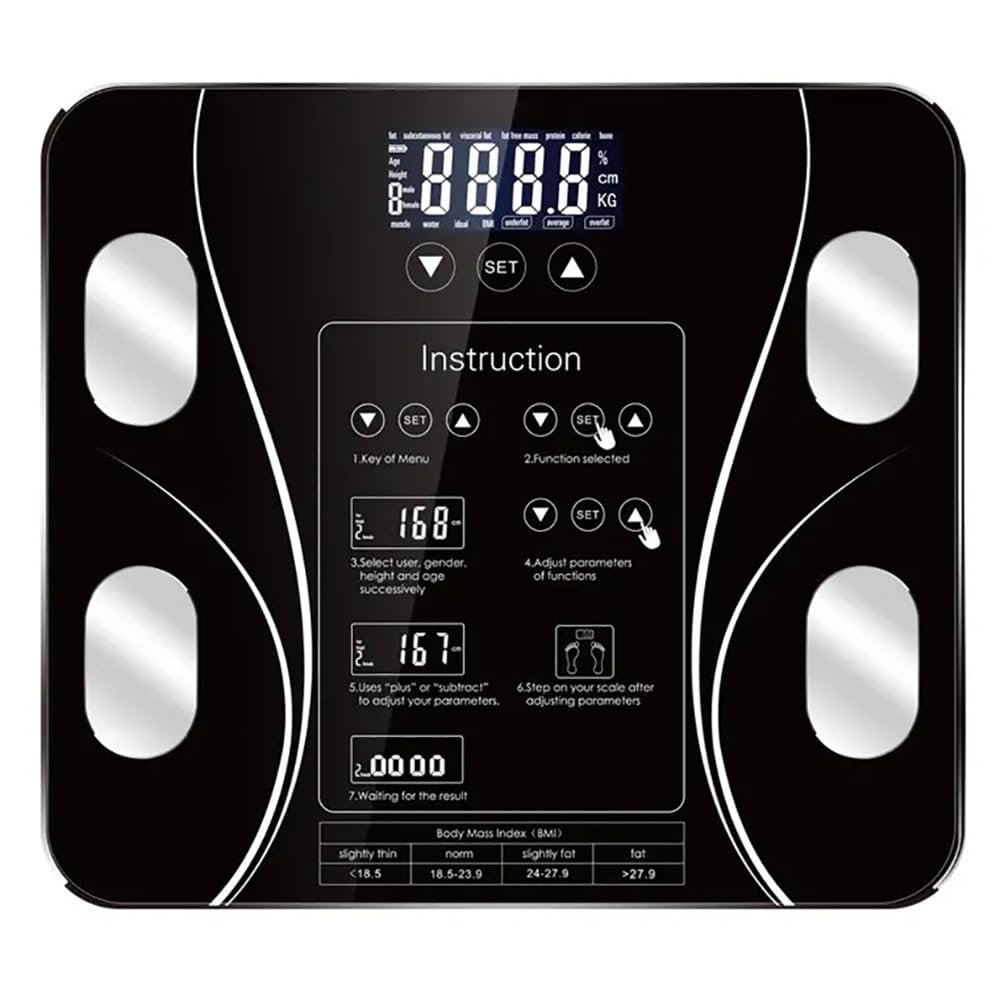 Digital Body Analyzer, Fat Scale with 4 High Precision Sensors, 15 Body Composition Analyzer, Tempered Glass Body/9 Data Storage/396Ibs Capacity, for Measures Body Fat, Water, Muscle, Bone Mass