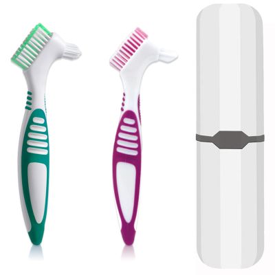 Denture Brush, 2 Pcs False Teeth Toothbrush with White Carrying Case, Multi-Tiered Bristles with Comfort Grip Handle for Effective Denture Cleaning