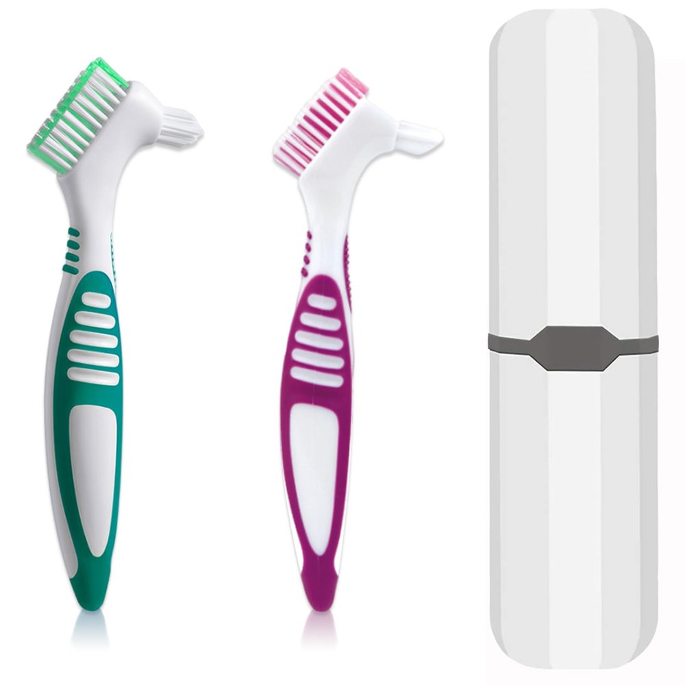 Denture Brush, 2 Pcs False Teeth Toothbrush with White Carrying Case, Multi-Tiered Bristles with Comfort Grip Handle for Effective Denture Cleaning