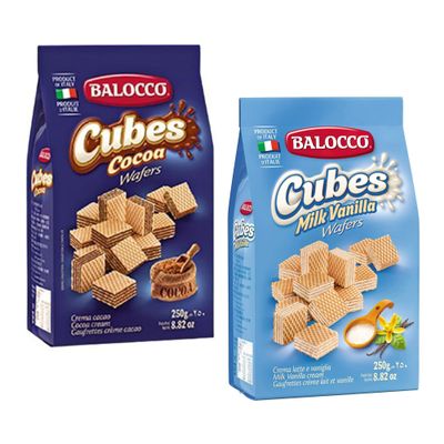 Balocco Wafers Cubes Latie and Cocoa Italian Shortbread Biscuits | Cocoa & Cream Biscuit for Breakfast | Chocolate Swirl Cookies | Palm Oil Free Snack (Wafers Collection, 2 Pack)