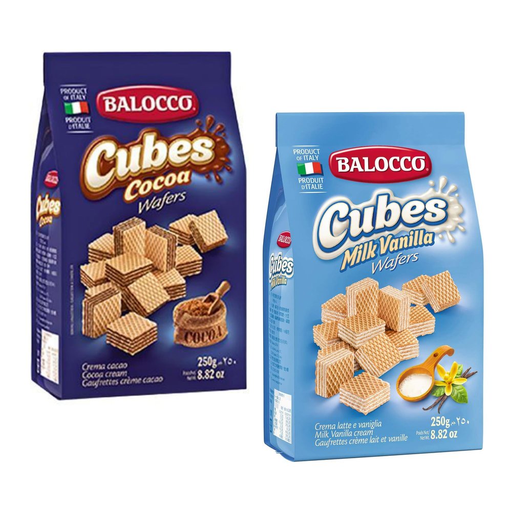 Balocco Wafers Cubes Latie and Cocoa Italian Shortbread Biscuits | Cocoa & Cream Biscuit for Breakfast | Chocolate Swirl Cookies | Palm Oil Free Snack (Wafers Collection, 2 Pack)