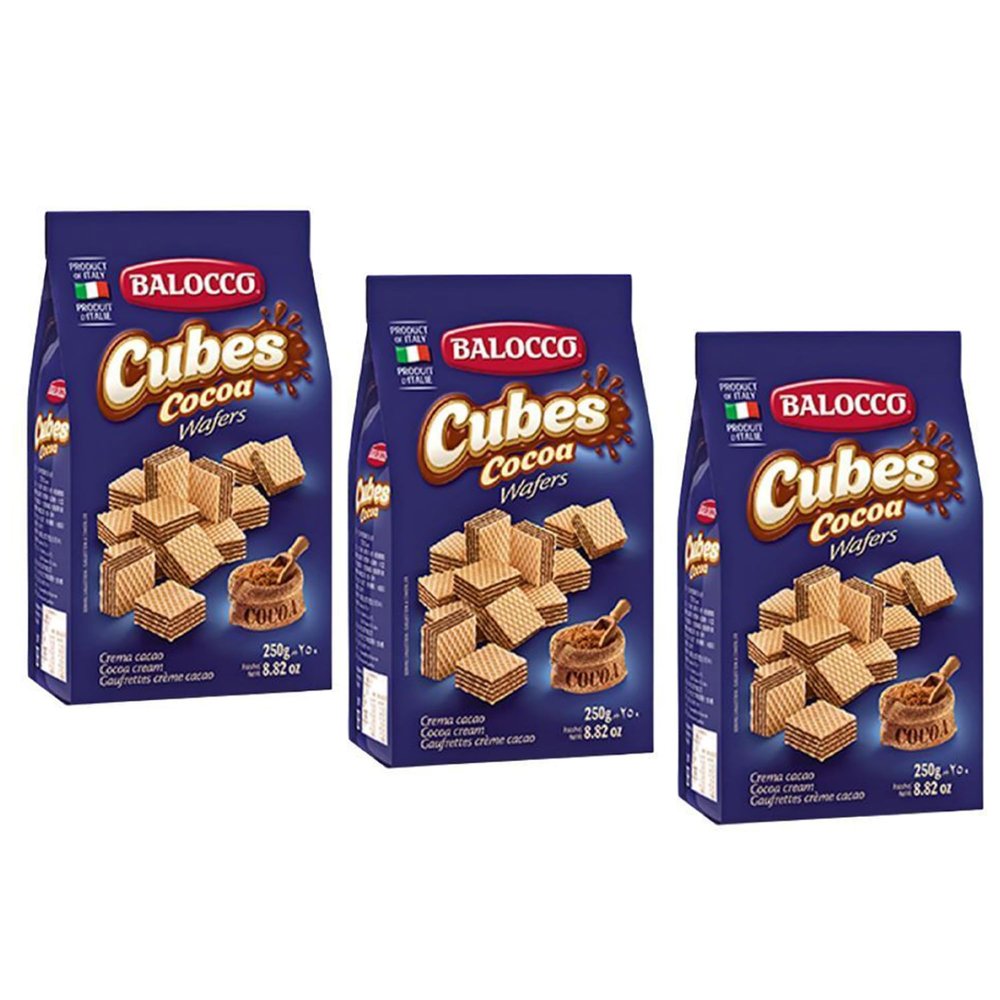 Balocco Cubes Cocoa Wafers 250g Italian Shortbread Biscuits | Cocoa & Cream Biscuit for Breakfast | Chocolate Swirl Cookies | Palm Oil Free Snack (CUBES COCOA WAFERS 250G, 3 Pack)
