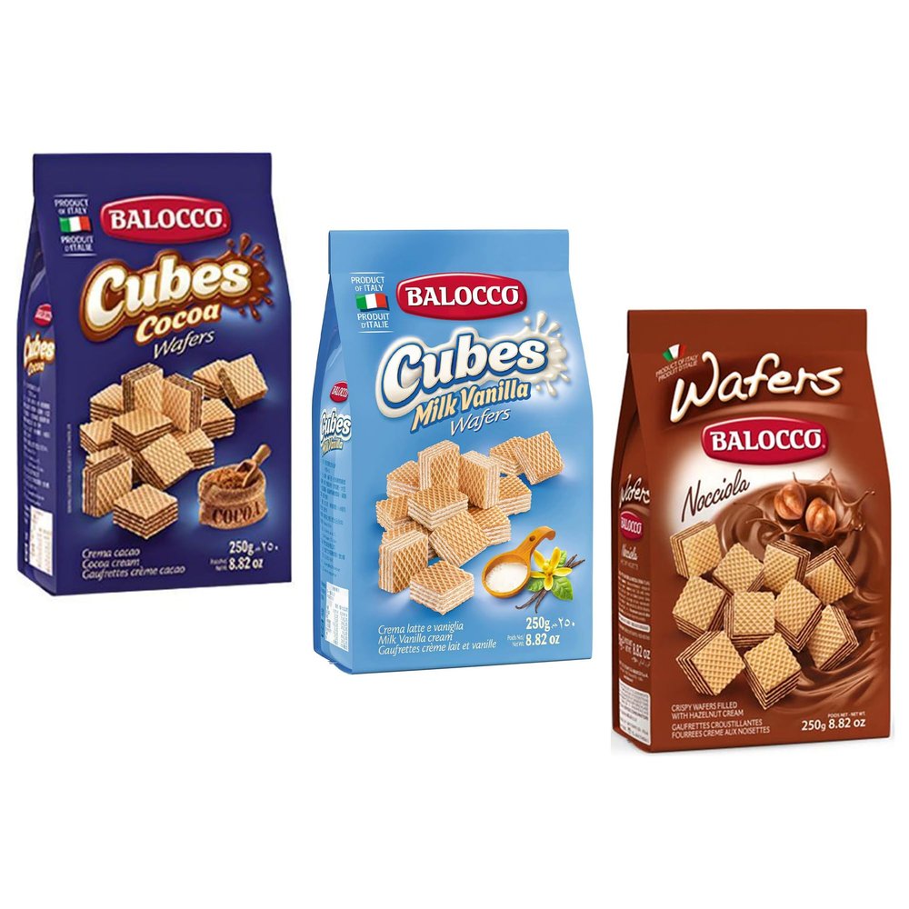 Balocco Wafers Cubes Cocoa Vanilla Italian Shortbread Biscuits | Cocoa & Cream Biscuit for Breakfast | Chocolate Swirl Cookies | Palm Oil Free Snack (Wafers Collection, 3 Pack)