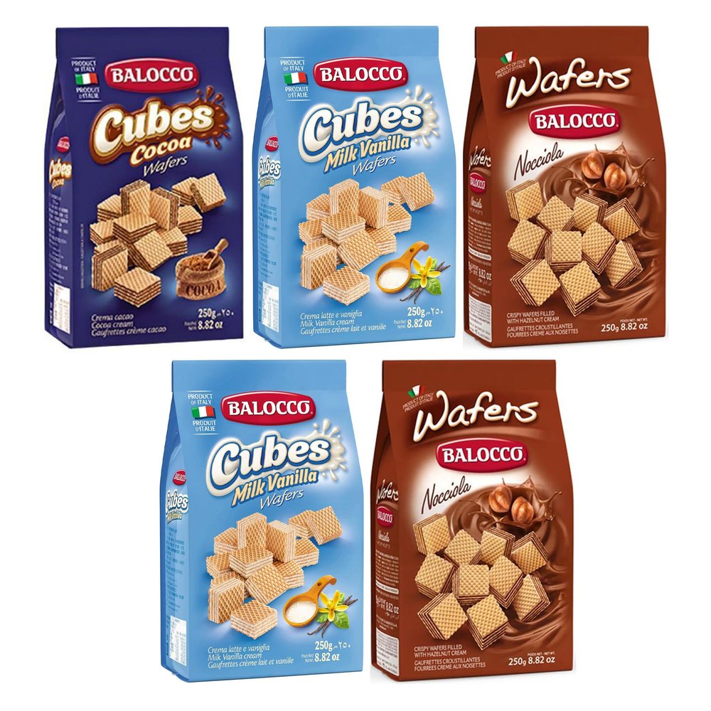 Balocco Wafers Cubes Choco Vanilla Italian Shortbread Biscuits | Cocoa & Cream Biscuit for Breakfast | Chocolate Swirl Cookies | Palm Oil Free Snack (Wafers Collection, 5 Pack)