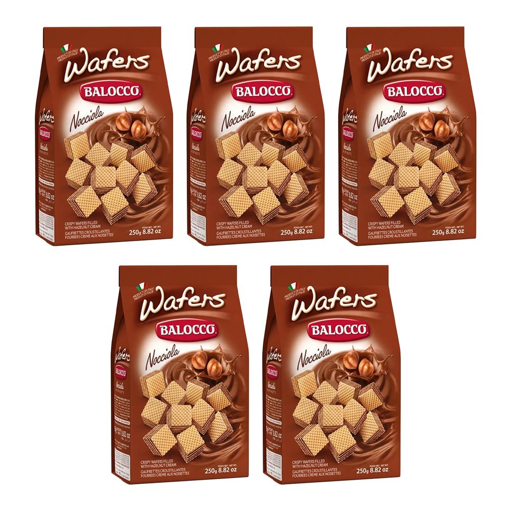 Balocco Wafer Nocciola 250g Italian Shortbread Biscuits | Cocoa & Cream Biscuit for Breakfast | Chocolate Swirl Cookies | Suitable for Vegetarians, Palm Oil Free Snack (WAFERS NOCCIOLA 250G, 5 Pack)