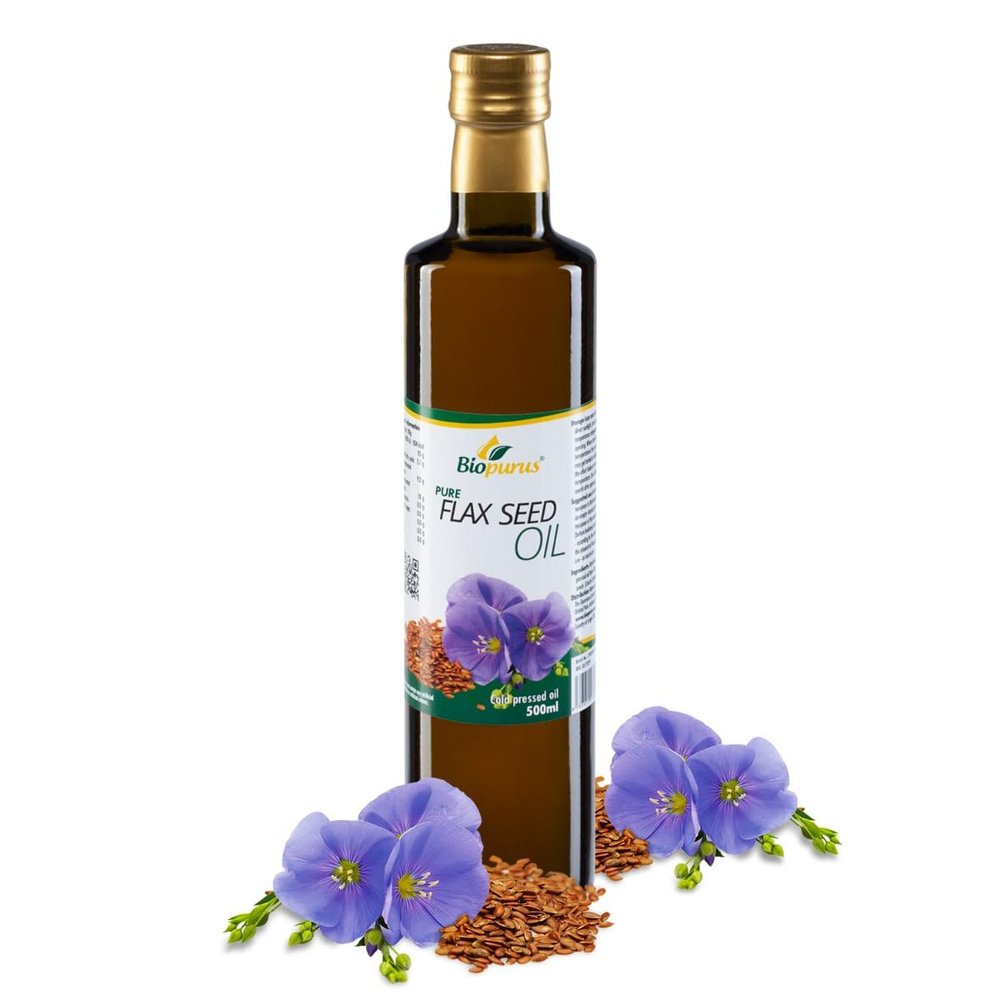 Biopurus Pure Premium Cold Pressed Flax Seed Oil 500ml  Food Grade Linseed Oil Rich in Omega 3  Vegan Cold Use Cooking for Salads, Smoothies & Healthy Nutrition
