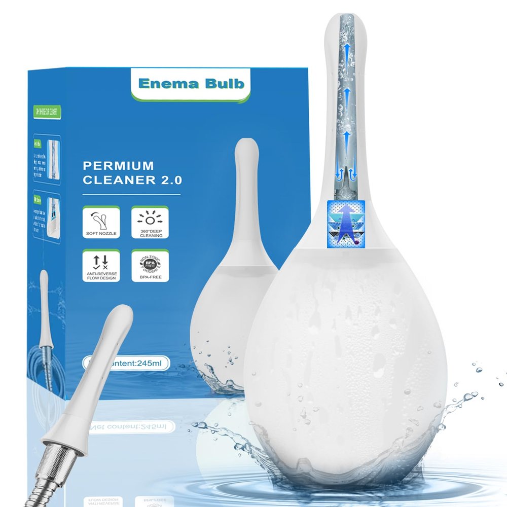 Enema Bulb Anal Douche Kit - with Shower Connect, 245ml Silicone Enema for Personal Hygiene & Refreshing Rinse, Anti-Backflow Valve & 7-Hole Nozzle, Filter Attachment Included (White)