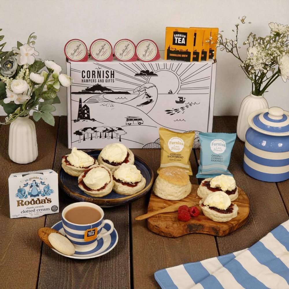 Cornish Afternoon Cream Tea Hamper  4 Person Deluxe Cream Tea - Fresh Scones, Tea, Jam, Cornish Biscuts & Roddas Clotted Cream, Elegant Packaging Gift - Birthday, Anniversary & Special Occasions