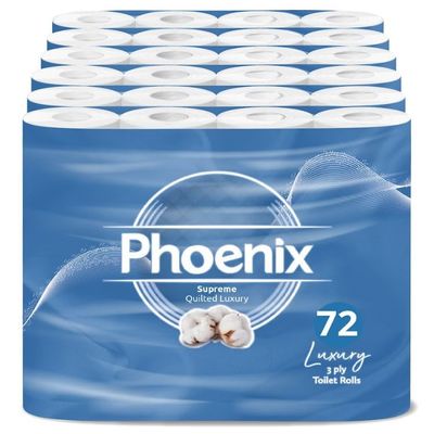 72 Phoenix Soft Luxury Toilet Rolls Bulk Buy - Quilted White 3 Ply Toilet Paper - Pack of 72 Toilet Tissue (12 x 6 Packs) (Supreme Unscented)