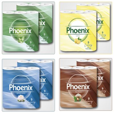 Phoenix 3 Ply Toilet Rolls 72 Rolls Variety Pack | Aloe Vera, Shea Butter, Lemon & Unscented | 9 Packs of 8 | Premium Soft & Gentle Toilet Tissue