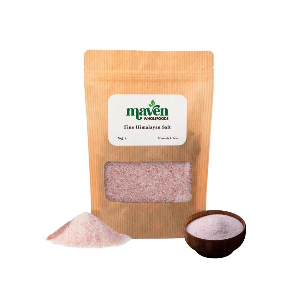 Maven Wholefoods Himalayan Pink Salt Fine 5kg | 100% Natural & Unrefined Rock Salt | Rich in Minerals | Vegan & Food Grade | Ideal for Cooking, Bath Soak & Detox | Resealable Bag