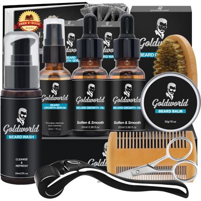 Beard Growth Grooming Care Kit for Men w/Derma Roller Hair Growth,Birthday Christmas Gifts Set for Him Stocking Fillers Mens Dad Boyfriend Husband w/Beard Oil,Beard Wash/Shampoo,Balm/Wax Comb Brush