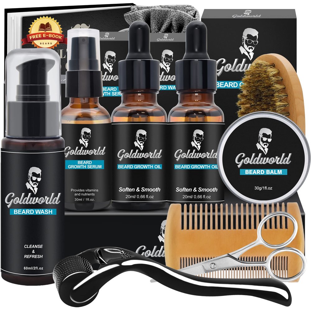 Beard Growth Grooming Care Kit for Men w/Derma Roller Hair Growth,Birthday Christmas Gifts Set for Him Stocking Fillers Mens Dad Boyfriend Husband w/Beard Oil,Beard Wash/Shampoo,Balm/Wax Comb Brush