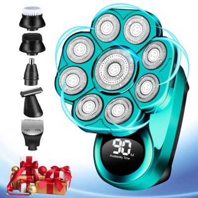 9D Electric Head Shaver for Men - 6-in-1 Waterproof Wet/Dry Grooming Kit, Cordless Rechargeable Razor for Home and Travel