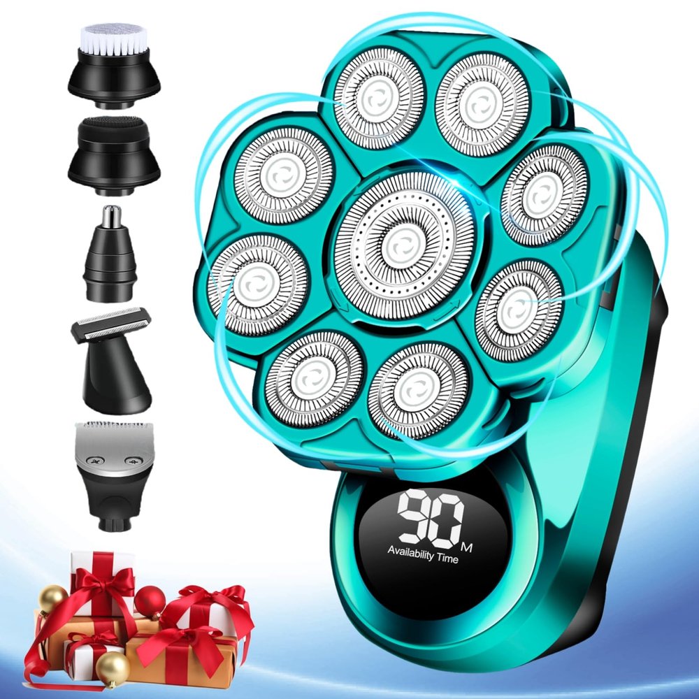 9D Electric Head Shaver for Men - 6-in-1 Waterproof Wet/Dry Grooming Kit, Cordless Rechargeable Razor for Home and Travel