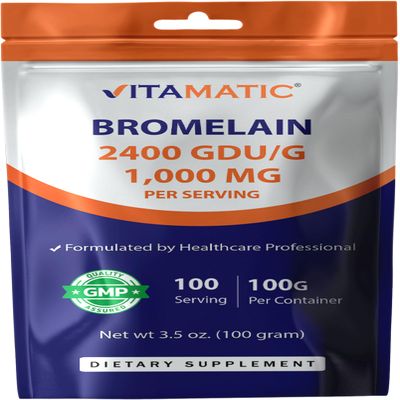 Vitamatic Bromelain Powder 1000mg per Serving - 2400 GDU/g, Proteolytic Enzymes, Supports Digestion of Proteins, 100 Grams - 100 Servings (Scoop Included)