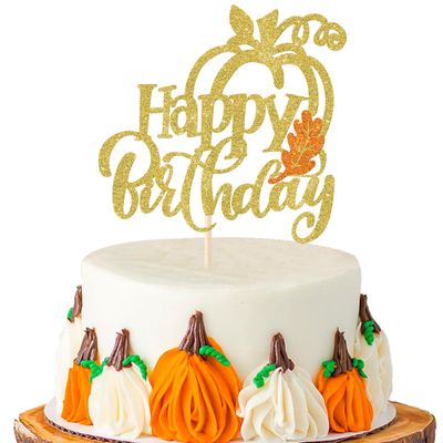 Rsstarxi 1 Pack Pumpkin Happy Birthday Cake Topper Gold Glitter Pumpkin Themed Birthday Party Cake Pick Decoration for Autumn Fall Maple Leaves Thanksgiving Birthday Party Cake Decorations