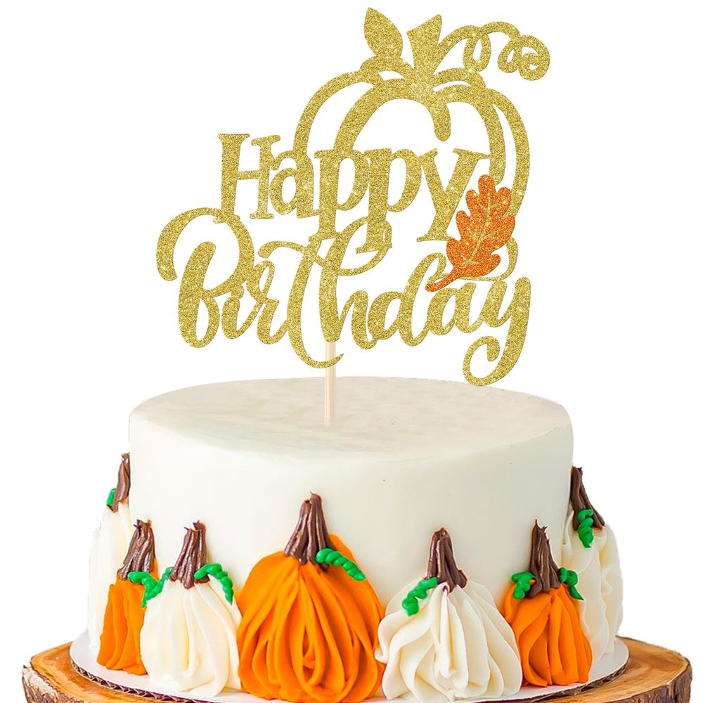 Rsstarxi 1 Pack Pumpkin Happy Birthday Cake Topper Gold Glitter Pumpkin Themed Birthday Party Cake Pick Decoration for Autumn Fall Maple Leaves Thanksgiving Birthday Party Cake Decorations